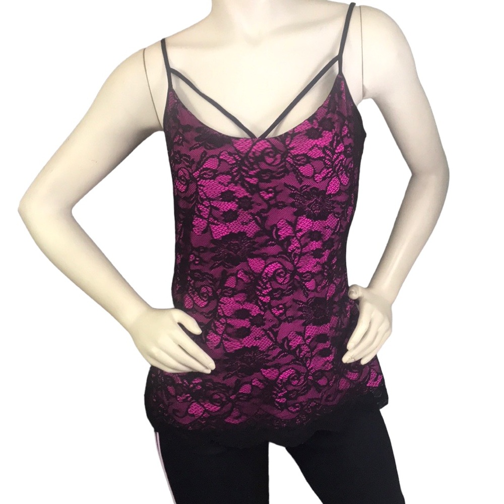 Boston Proper Pink & Black Lace Spaghetti Strap Tank Top L